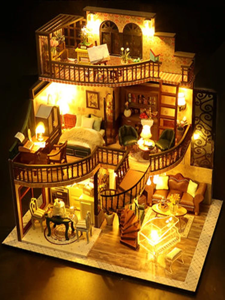 Doll house With dust cover casa Miniature Diy Wood Dollhouse Miniatures children toys girl Birthday Gifts diorama M2132