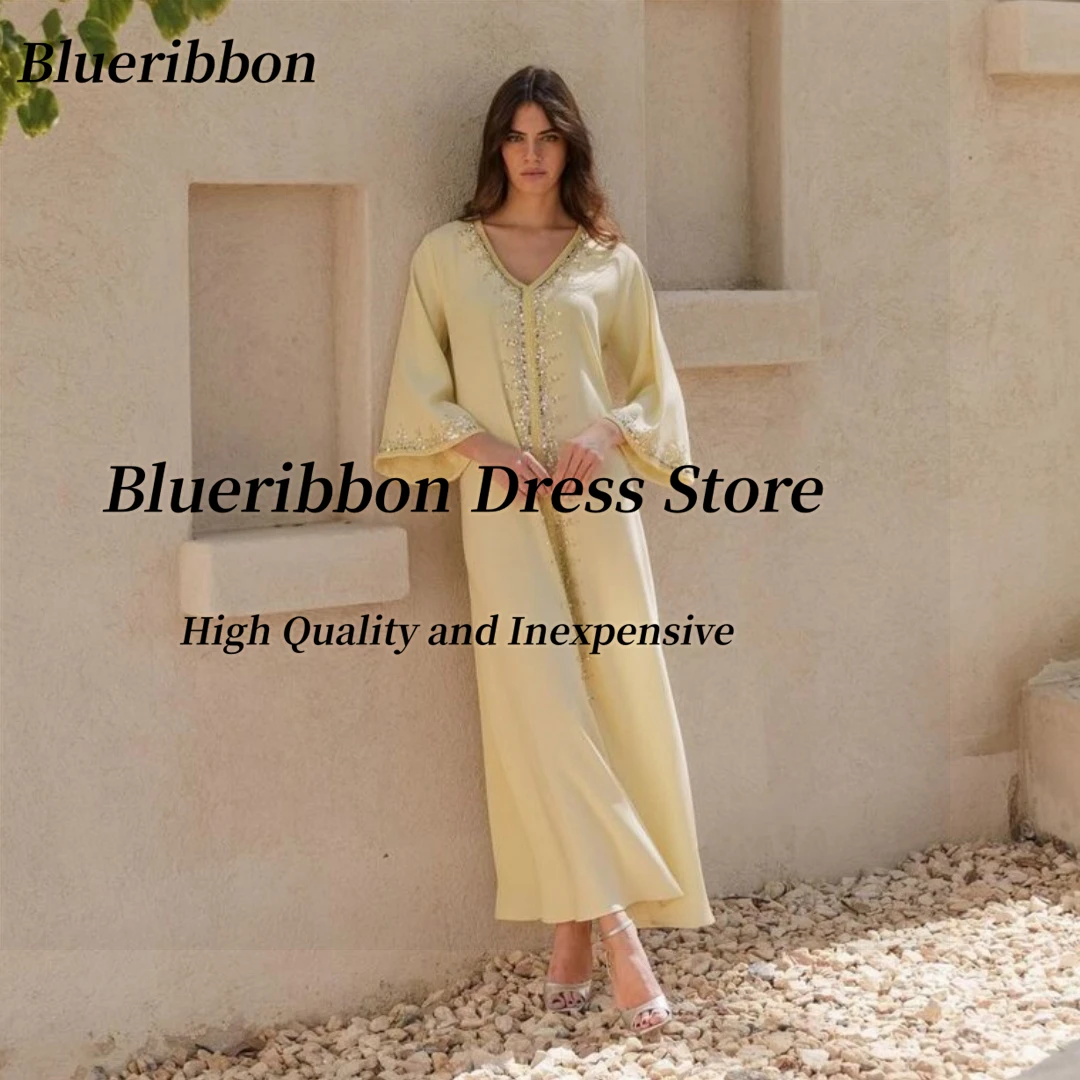 Blueribbon Robe Des Marrige V Neck Beaded Sequins Long Sleeves Prom Dresses Ankle Length Evening Gowns Saudi Party Dress