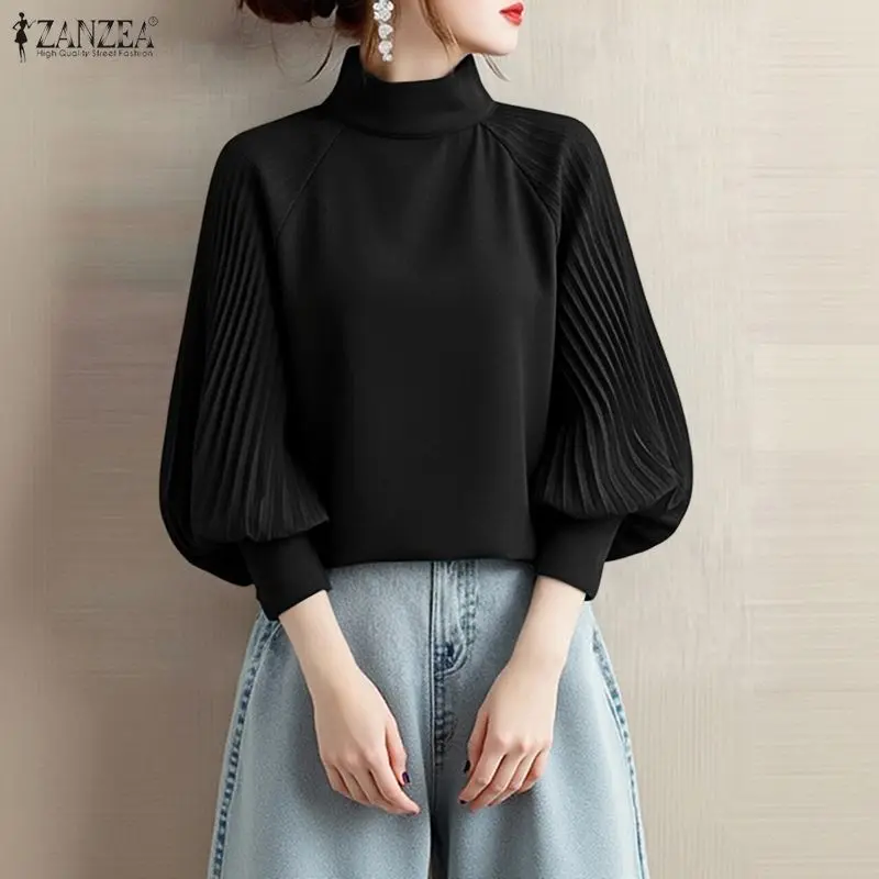 ZANZEA 2026 Jesienna Elegancka Koszula do Pracy z Stójką Damska Stylowa Bluzka z Długim Rękawem Wiosenna Koszula Jednolita Plisowana Tunika Bluzki Damskie