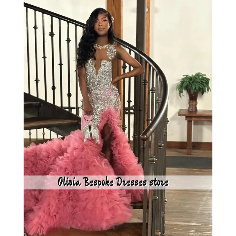 

Sweet Tulle Beaded Prom Dress For Black Girl Luxury Crystal Birthday Gown Mermaid Evening Dress Customized