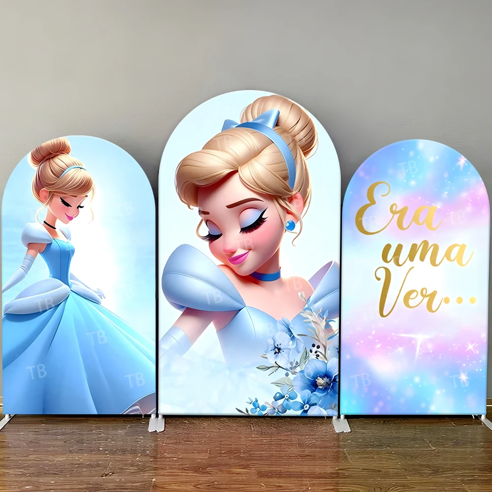 

Cinderella Princess Arch Backdrop Cover"Era Uma Vez" Theme Blue Dress Floral Decor for Girls Birthday Party Photo Booth Supplies