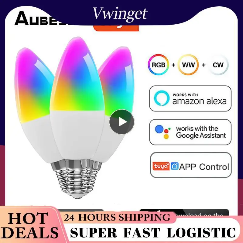 WiFi Smart LEDLight Bulb E14 Candle Lamp 16Million RGBCCT 2700-6500K Dimmable Candelabra Light Tuya Alexa 90-250V 6W