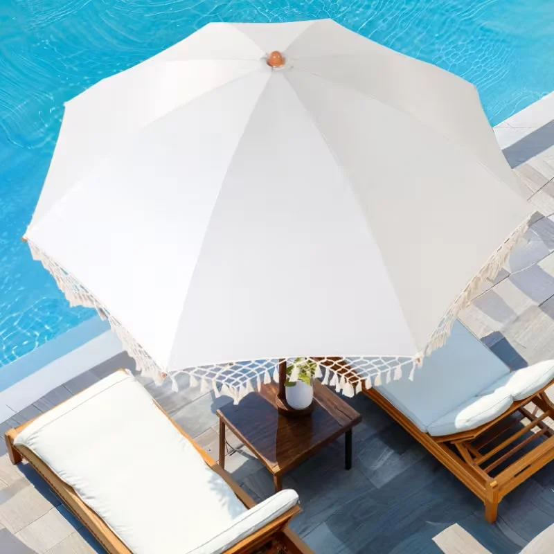 Large Bohemian Style White Patio Umbrella Swivel Height Adjustable with Crank Handle Triangle Tassel Design Portable Stand