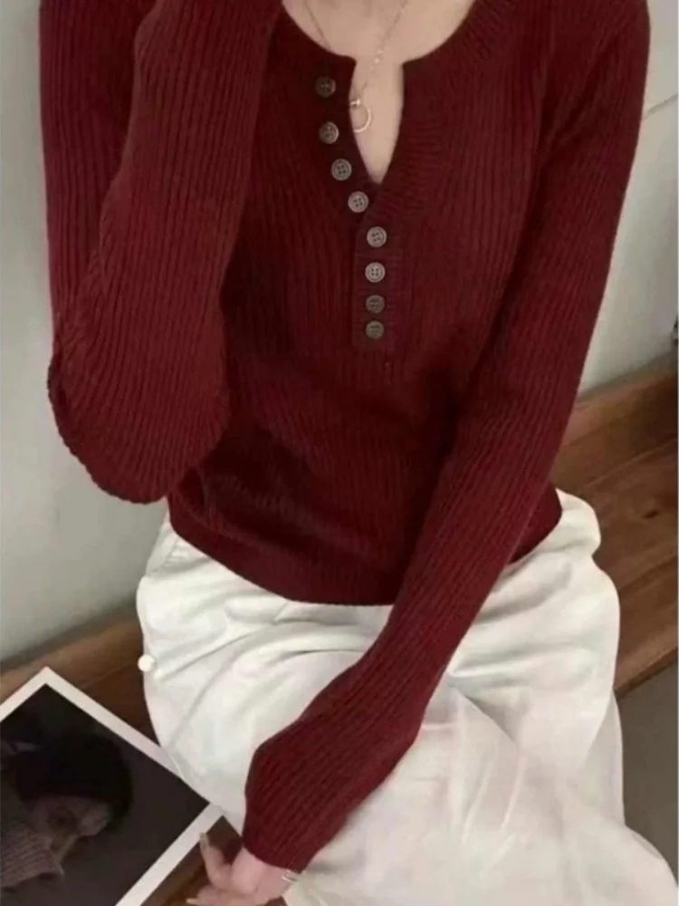 

Commute Sle Long Sve V-Ne Button Base irt 2025 New Faion Korean Version Slim Fit Inner Wear Knitted Sweater