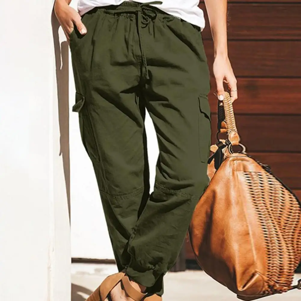 Women Pants Solid Color Drawstring Summer Elastic Waist Ankle-banded Jogger Pants Multi Pockets Cargo Pants