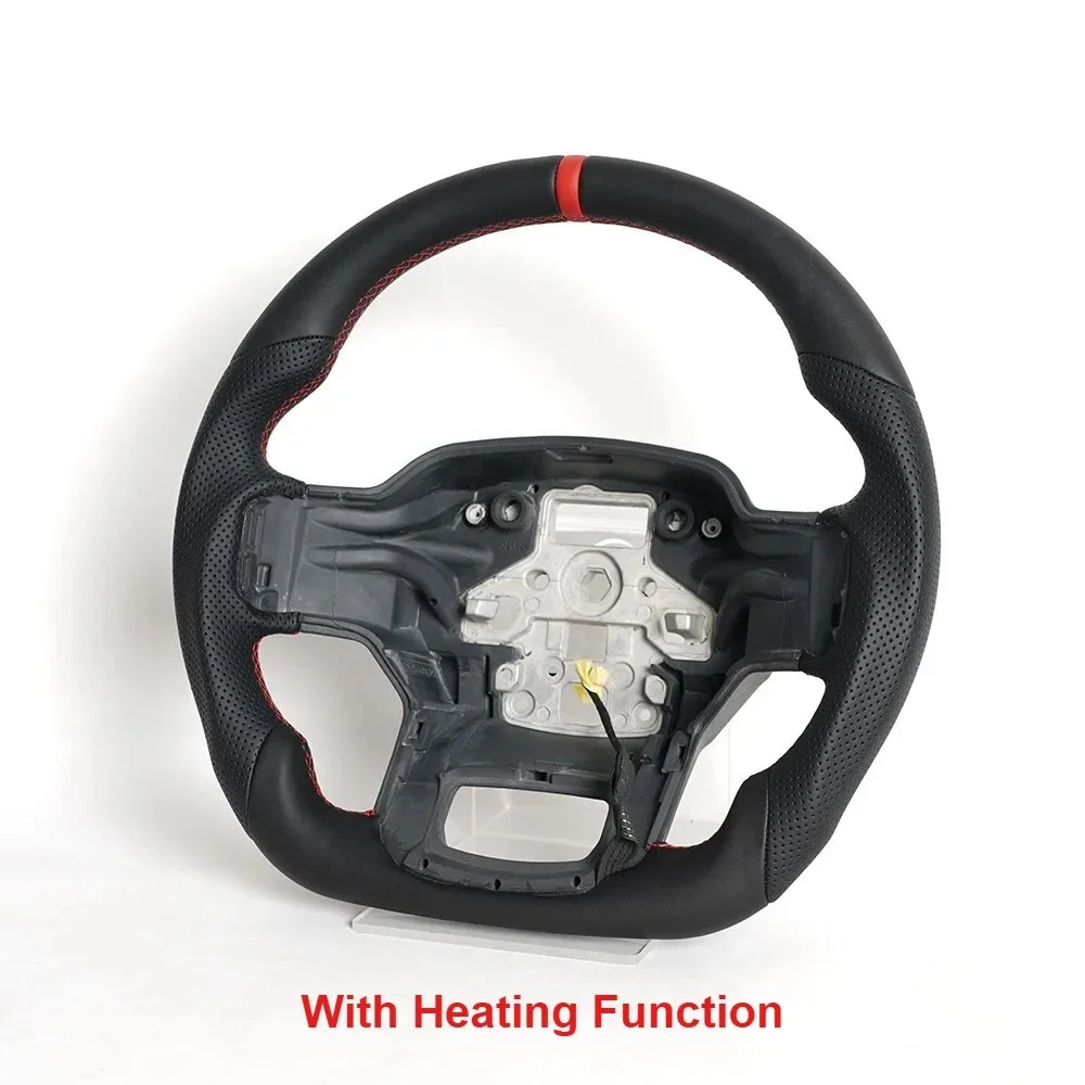 Full Leather Steering Wheel Flat Bottom With Heated Red Leather Top Stripe Fit For Ford F150 2021-2024 No Paddle Hole Car Accessories