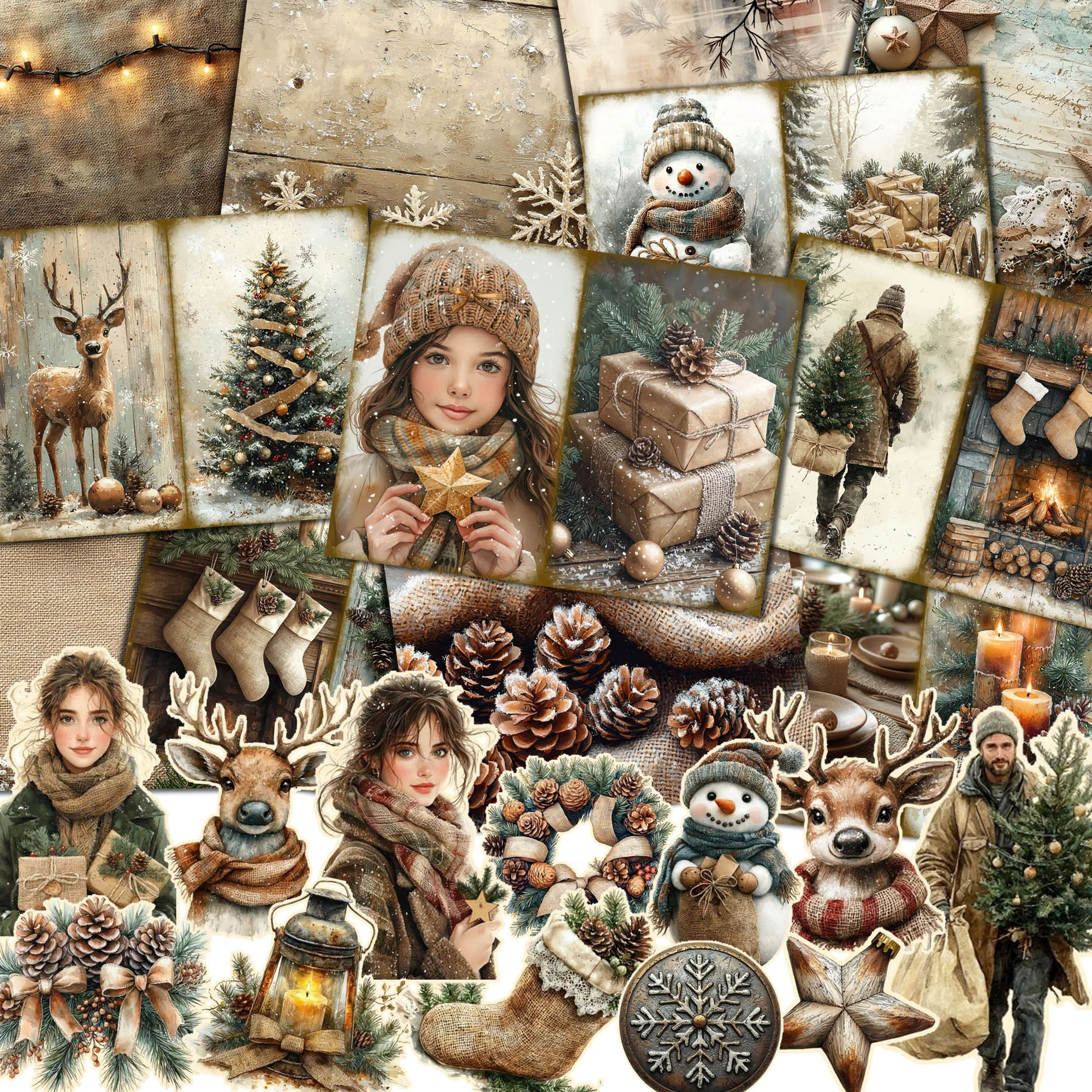 JAIIMAN 64pieces Winter Christmas Junk Journal Kit With 50 Self-adhesive Sticker,for Arts Crafts,Scrapbooking Supplies,DIY Craft