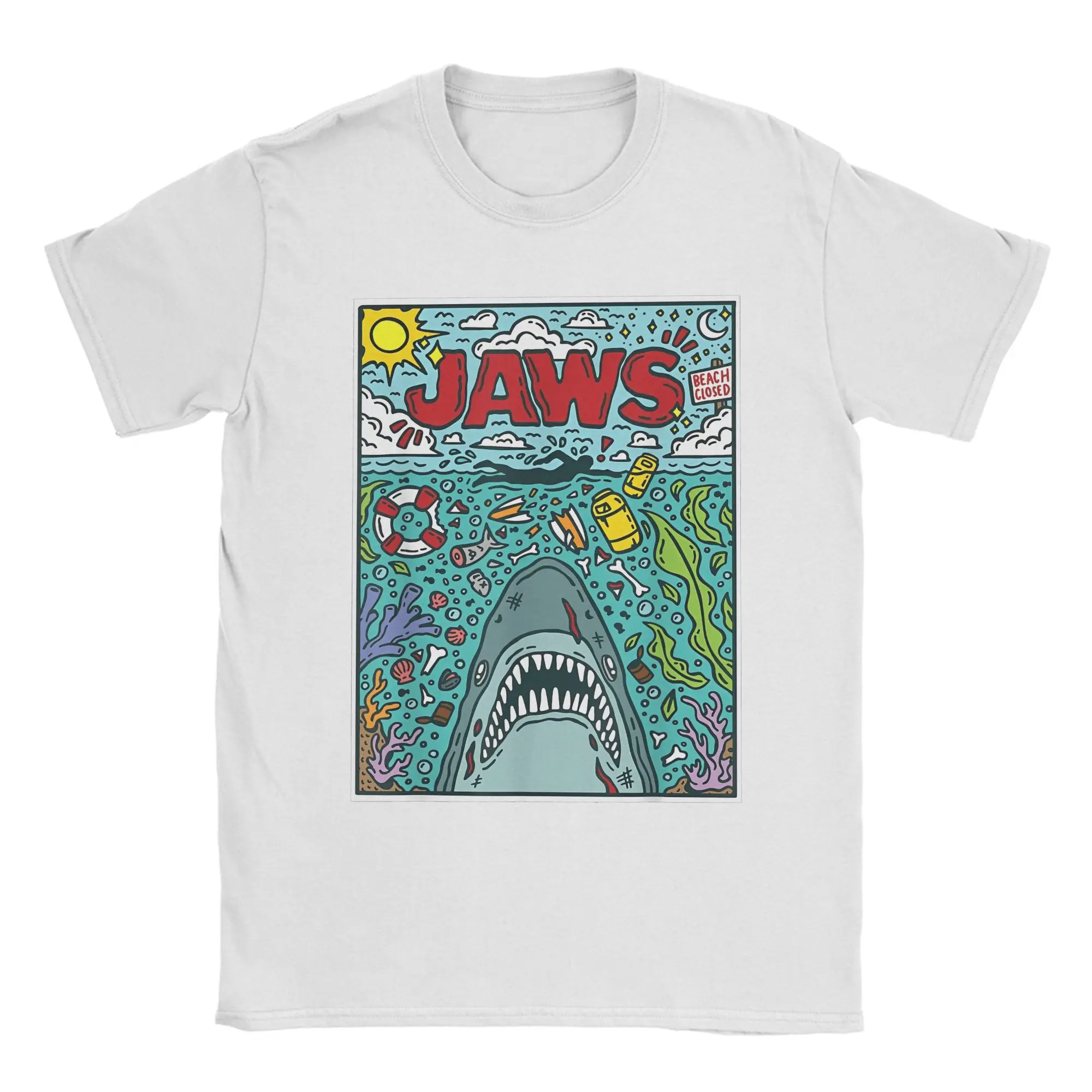 Jaws 50th Anniversary Poster Comic Cotton T Shirt For Men Summer Movie Graphic Aesthetic T Shirts O Neck Tees Big Size Tops