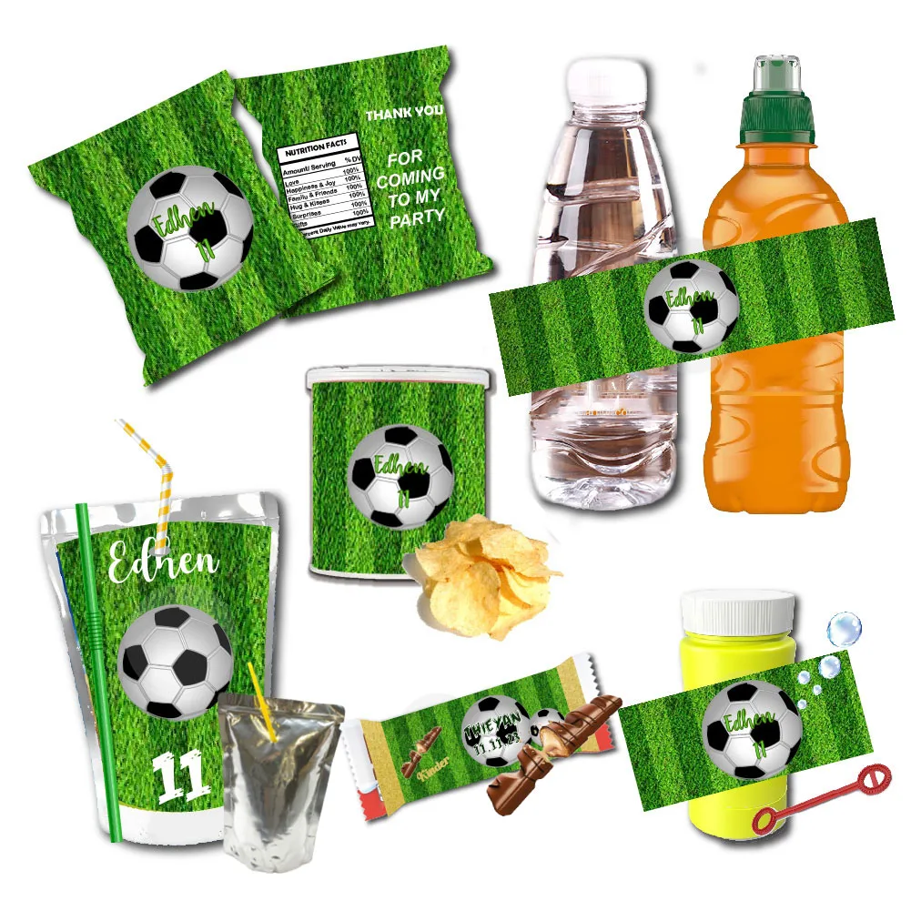 Botella de agua de cumpleaños de fútbol personalizada, etiqueta de vino, bolsa de jugo, pegatinas de agradecimiento, envoltorio de dulces, fiesta personalizada de Navidad S