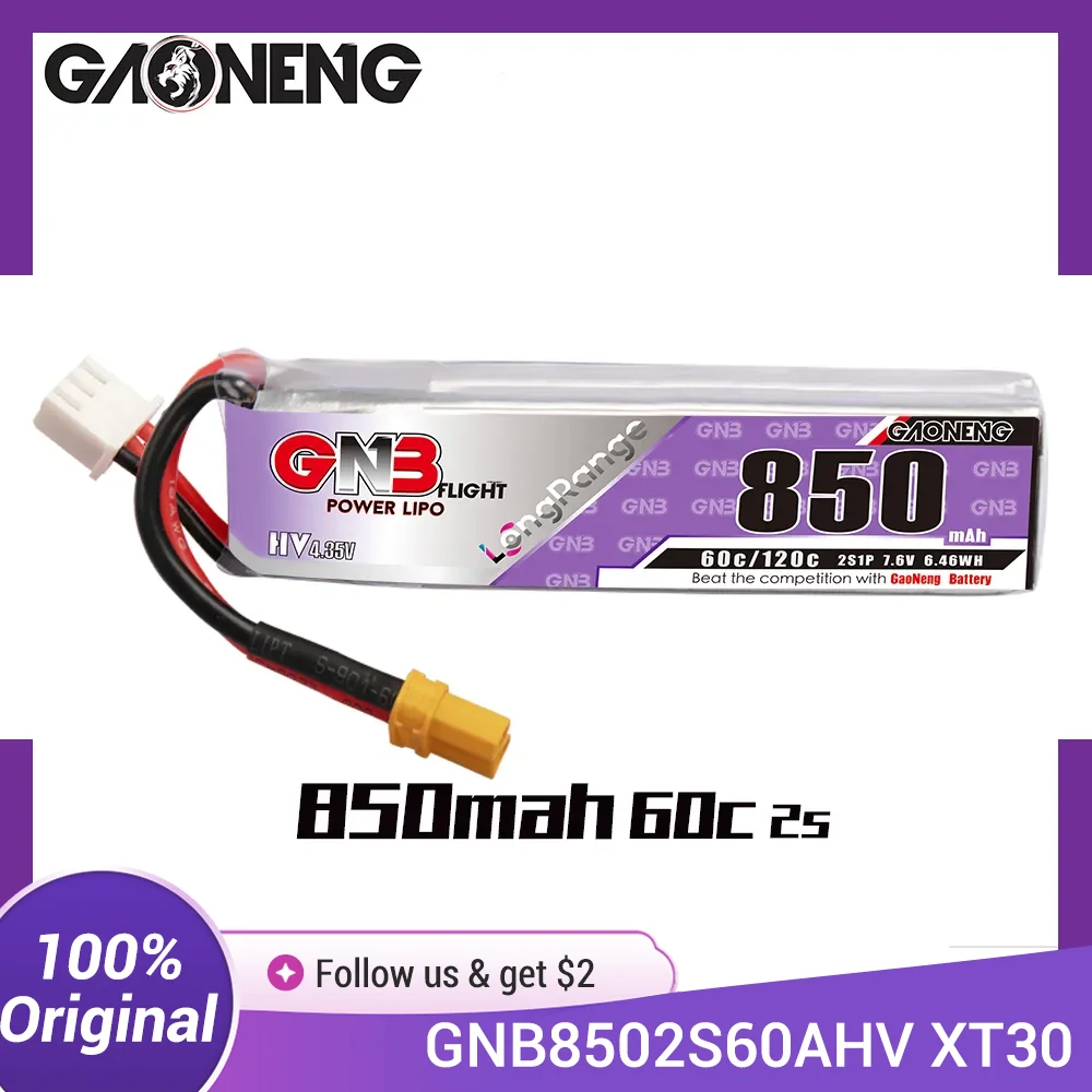 GAONENG GNB LiPo Battery 850mAh 2S 7.6V 60C Long Range With XT30 Plug  For RC FPV Whoop Frame Kit Tinywhoop Racing Drone
