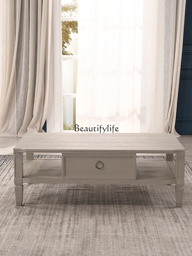 

05-American light luxury light gray red oak solid wood coffee table solid wood coffee table