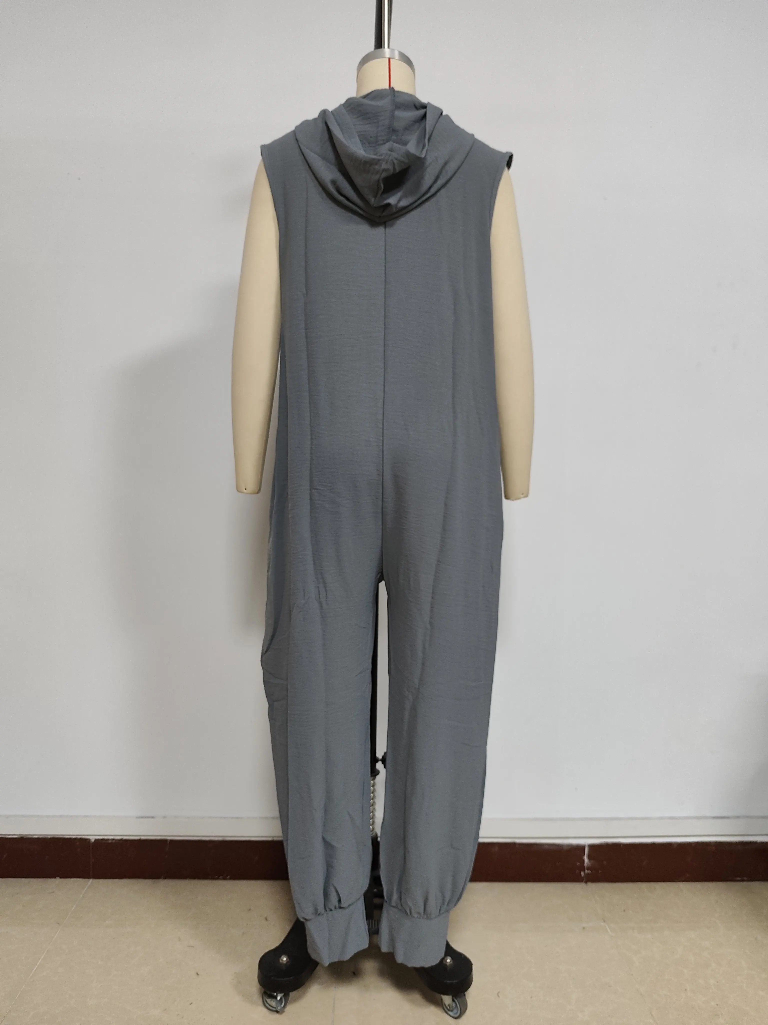 Damen Sommer Ärmelloser Lässiger Kapuzen-Jumpsuit V-Ausschnitt Lose Haremshose Einteiler für Urlaub und Alltag – Detail 19