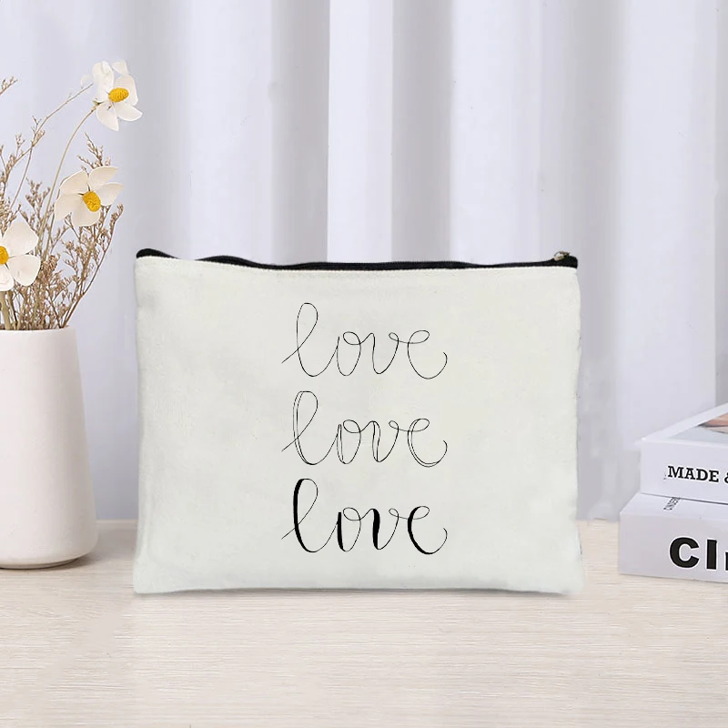 Love Printed Canvas Cosmetic Bag, Lápis Case, Bolsa De Armazenamento De Diversos, Organizador, Batom, Perfume, Zipper, Material De Escritório, Lover Gift