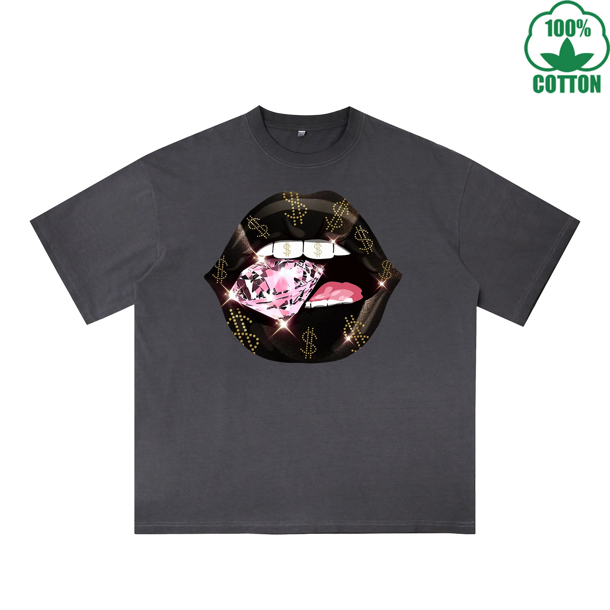 

Футболка с принтом «Губы денег», эффект потертости, 230 г, разноцветная, свободного кроя, модная, 100% хлопок, с коротким рукавом