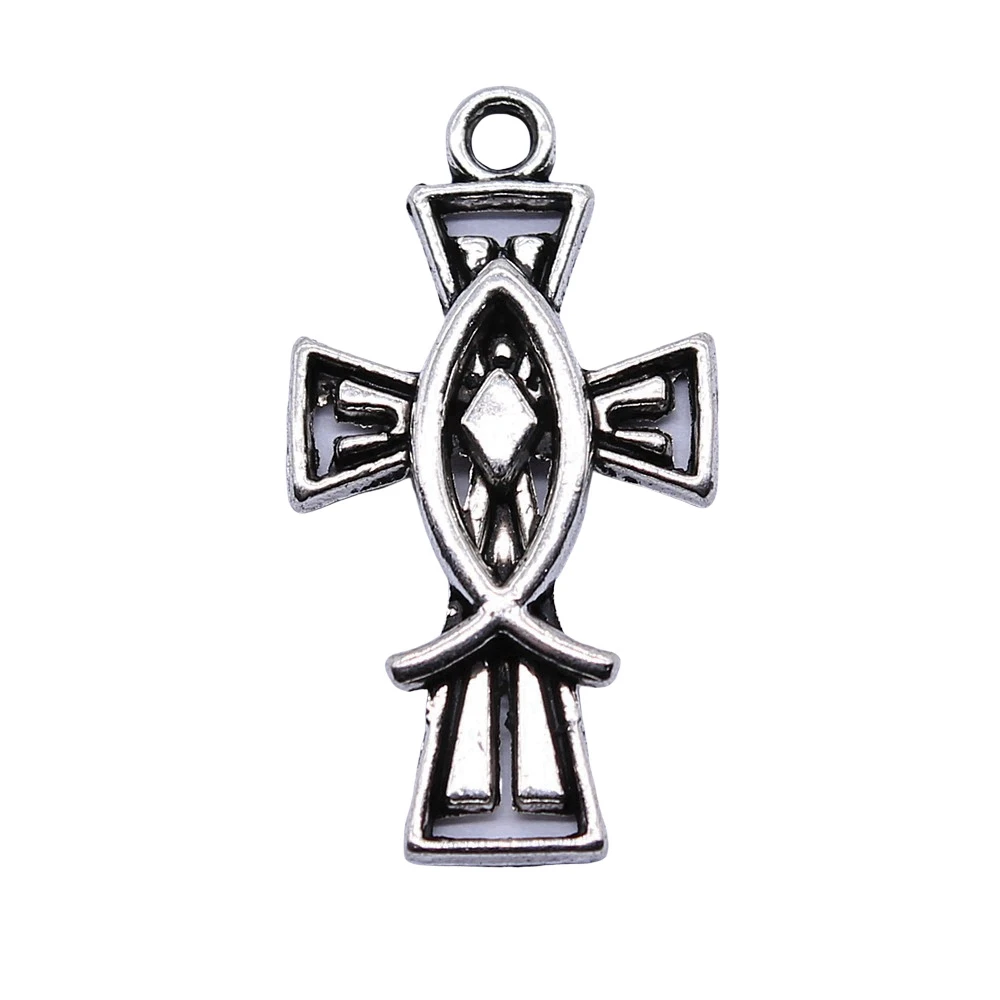 10pcs/lot 14x26mm Jesus Fish Cross Charms For Jewelry Making Antique Silver Color 0.55x1.02inch