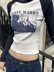 T-Shirt Slim con stampa a fascia classica Patchwork girocollo autunno cotone manica lunga T-Shirt donna Y2k Streetwear Vintage Crop Top a coste