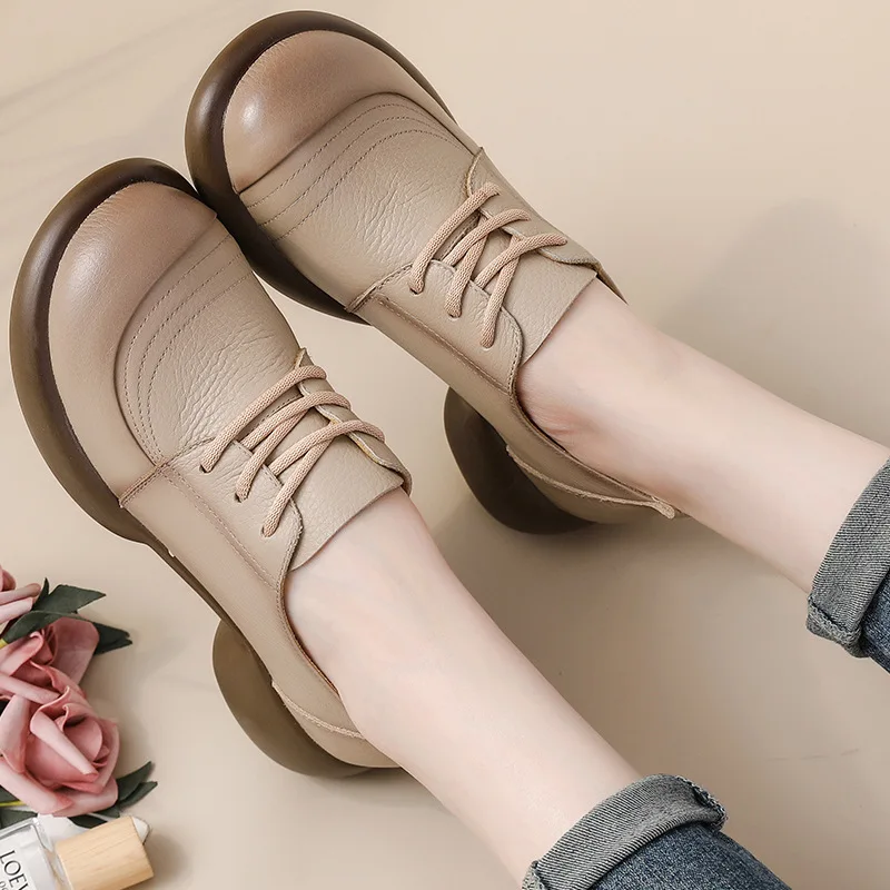 Casual Shoes Female Ladies Flats Vulcanized Shoes Genuine Leather Lace Up Flat Shoes Round Toe Classics Fashion Shoes For Woman