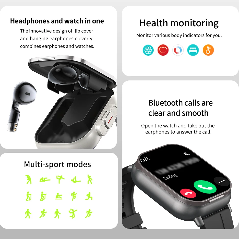2-in-1 smartwatch with TWS earplugs, wireless earphones, health monitoring, fitness record reminder, smartwatch for men