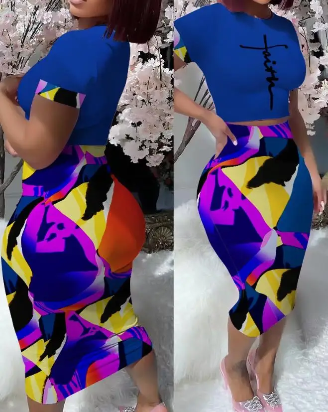 Vintage Two Piece Set Women Outfit 2024 Round Neck Abstract Geometric Print Crop Top & High Waist Slim Fit Wrap Hip Skirt Set