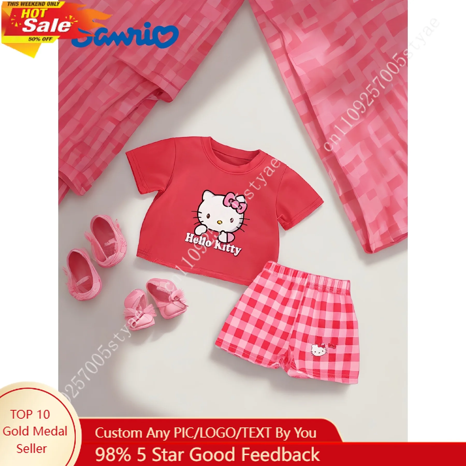 

Hello Kitty Girls' Summer Outfit Cute Cartoon Print T-Shirt and Checkered Shorts Set Soft Clothes Sanrio T-shirt and Bottom
