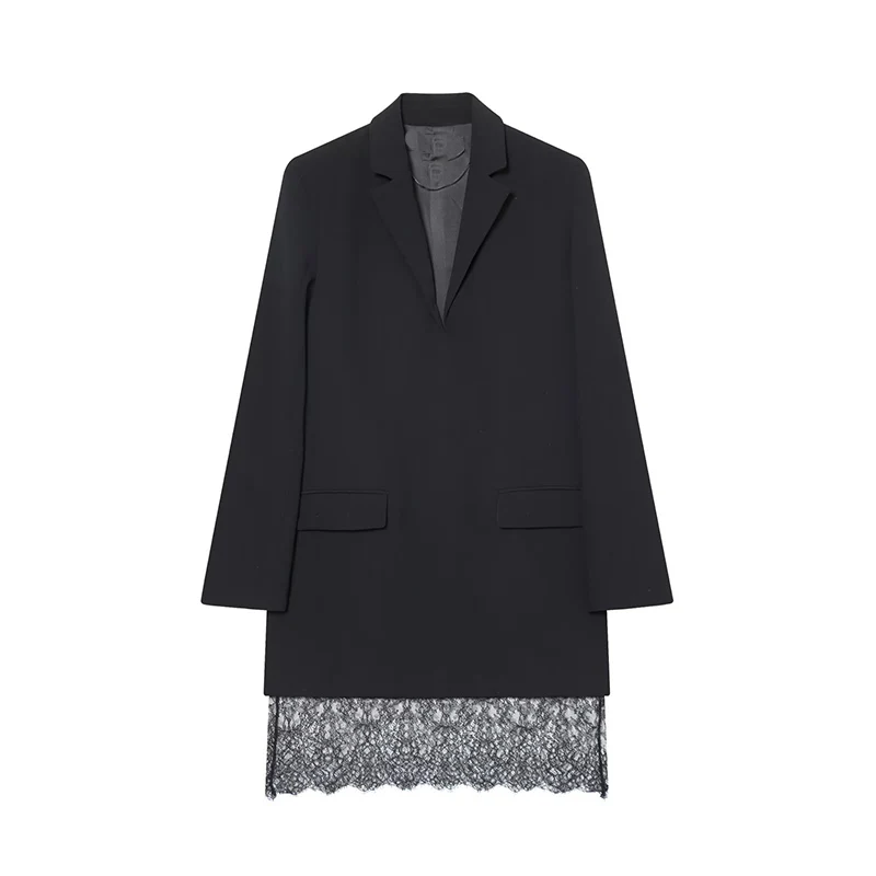 Blazersjurk Dames Lente 2026 Nieuw Zwart Elegant Kant Decoratie Damesjurken Chique Jeugd Reizen Vakantie Jurk Straat