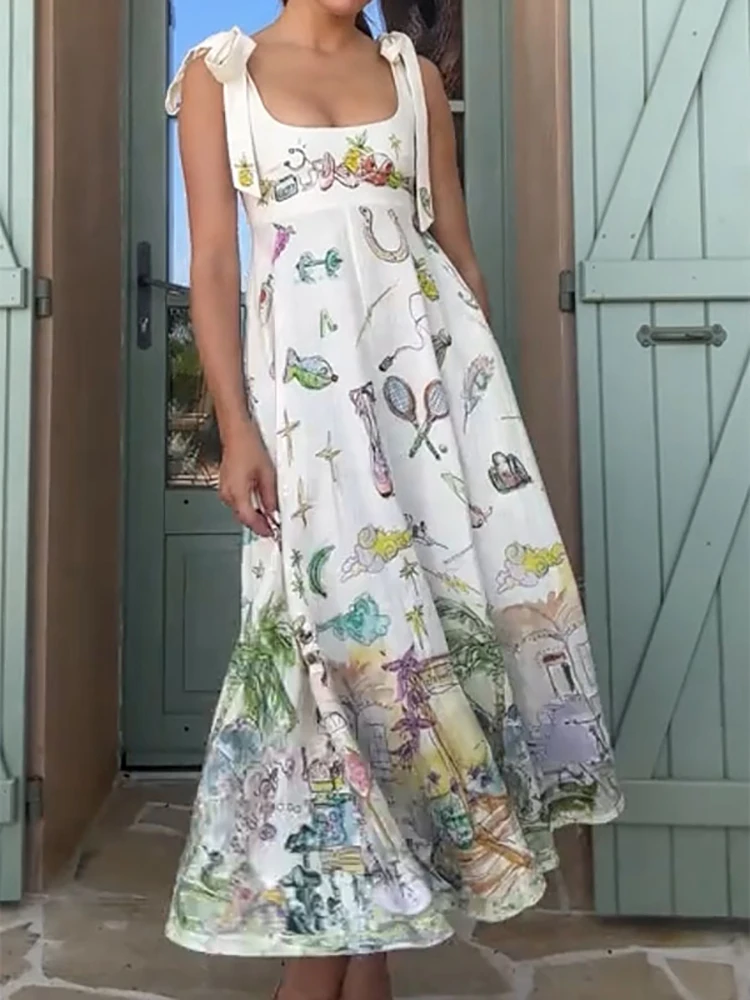 ผู้หญิงฤดูร้อนเซ็กซี่แขนกุด Chic Party Dress,Lacing Up Patchwork ชุด Maxi ง่าย, 2025 พิมพ์สปาเก็ตตี้สุภาพสตรีชุด