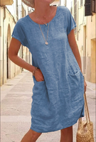 Ebay Independent Station Wish Summer Loose Pure Color Flap Pocket Pants Short-Sleeved Round Neck Dress Women's Ready Stock