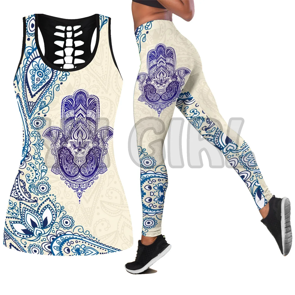 Hamsa Pakaian Combo + Legging Atasan Tank Cetak 3D Yoga Tangan Yoga Legging Kebugaran Wanita