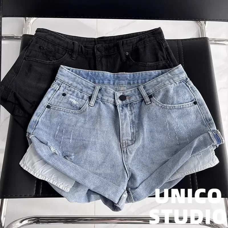 Retro High Waist Pocket Rolled Wide-leg Denim Shorts Women Jean Shorts Ropa De Mujer Short Femme