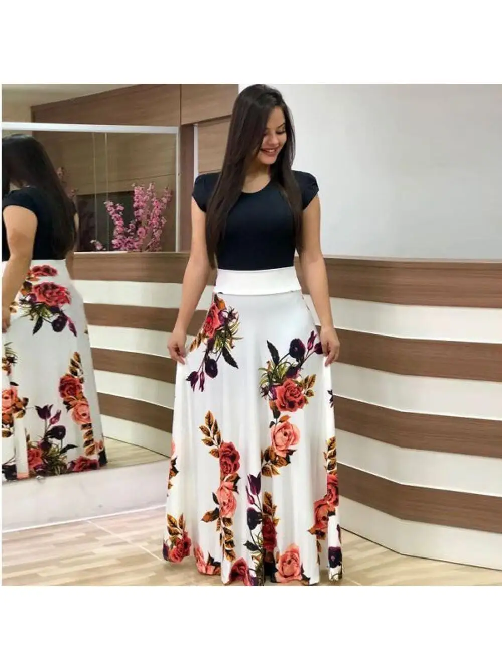 

Floral Print plus Size Dress Short Sleeve Women's Clothing European Style PVC Fabric T-Shirt Dress Long Skirt round Neck