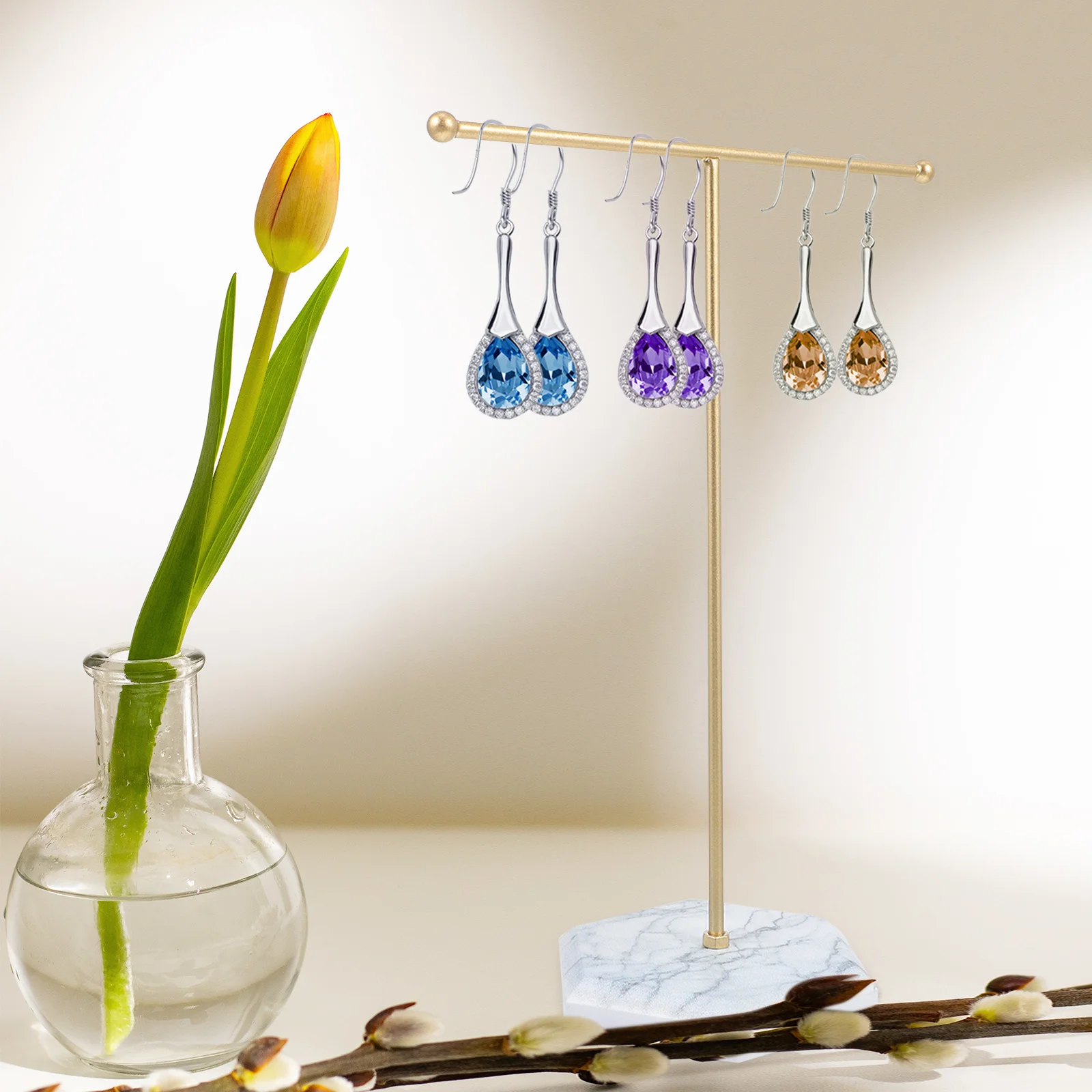 Iron Art Jewelry Storage Rack Stable Marble Base Earring Stand Holder Organizer Display Rack Practical for Bedroom Bathroom