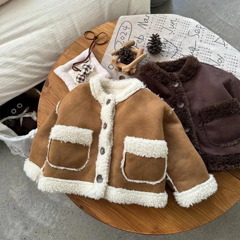 2024 Winter New Children Warm Shearling Coat Plus Velvet Thick Girls Fleece Zipper Coat Solid Baby Padded Jacket Kids Clothes