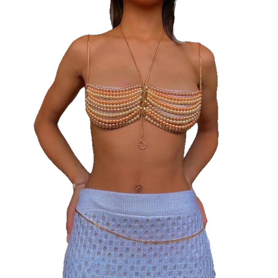 European Multi-layer Plastic Pearls Beading Bra Chain Jewelry Camis Tops Sexy Beach Bikini Crop Tops Women Summer Breast Chain