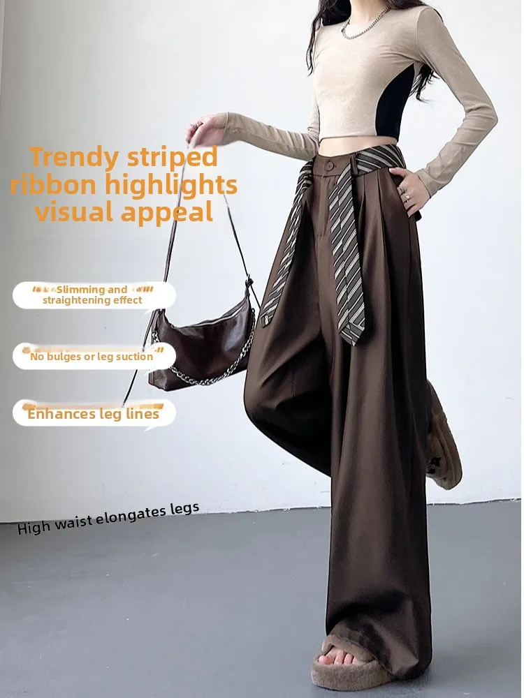 กางเกงขายาวทรงตรงเอวสูงแบบไม่สมมาตร ผ้าหนัง PU ลายทางสไตล์อเมริกัน สำหรับผู้หญิง ฤดูใบไม้ร่วง ฤดูหนาว ทรงหลวม สบายๆ