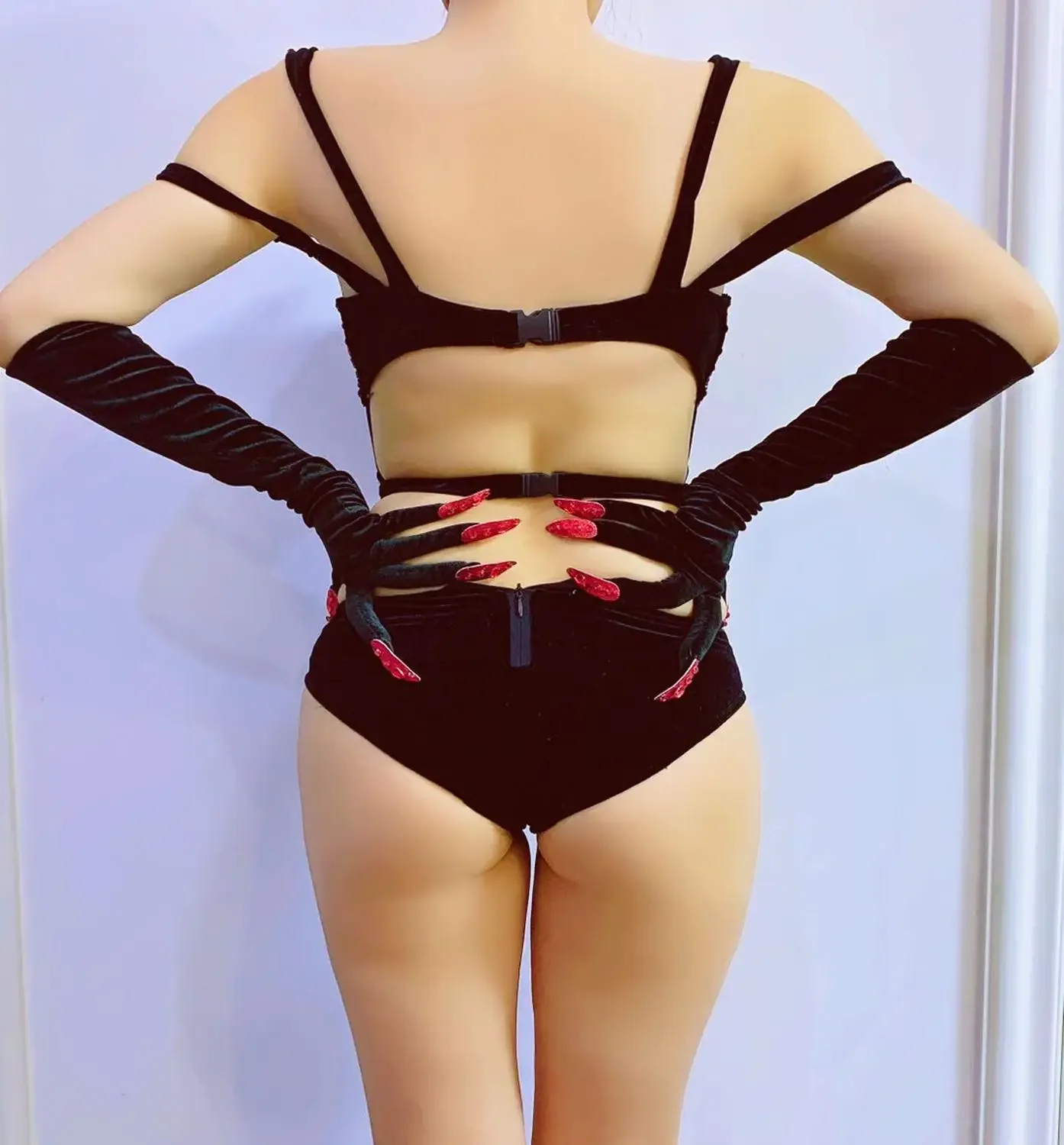 Black Hand Velvet Rhinestone Bikini Bodysuit With Gloves Sexy Nightclub Stage Wear Bar Singer Pole Dance Costume Carnival Outfit