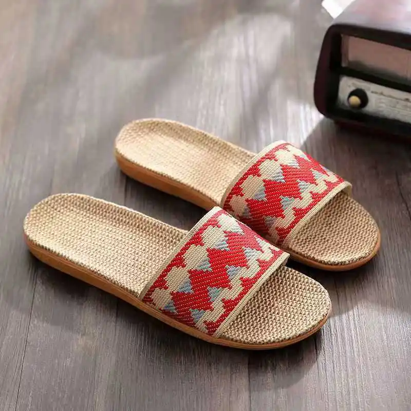 

Women Summer New One Word Linen Slippers Soft sole Non Slip Lightweight Breathable Home Slippers Wood Floor Silent Slippers