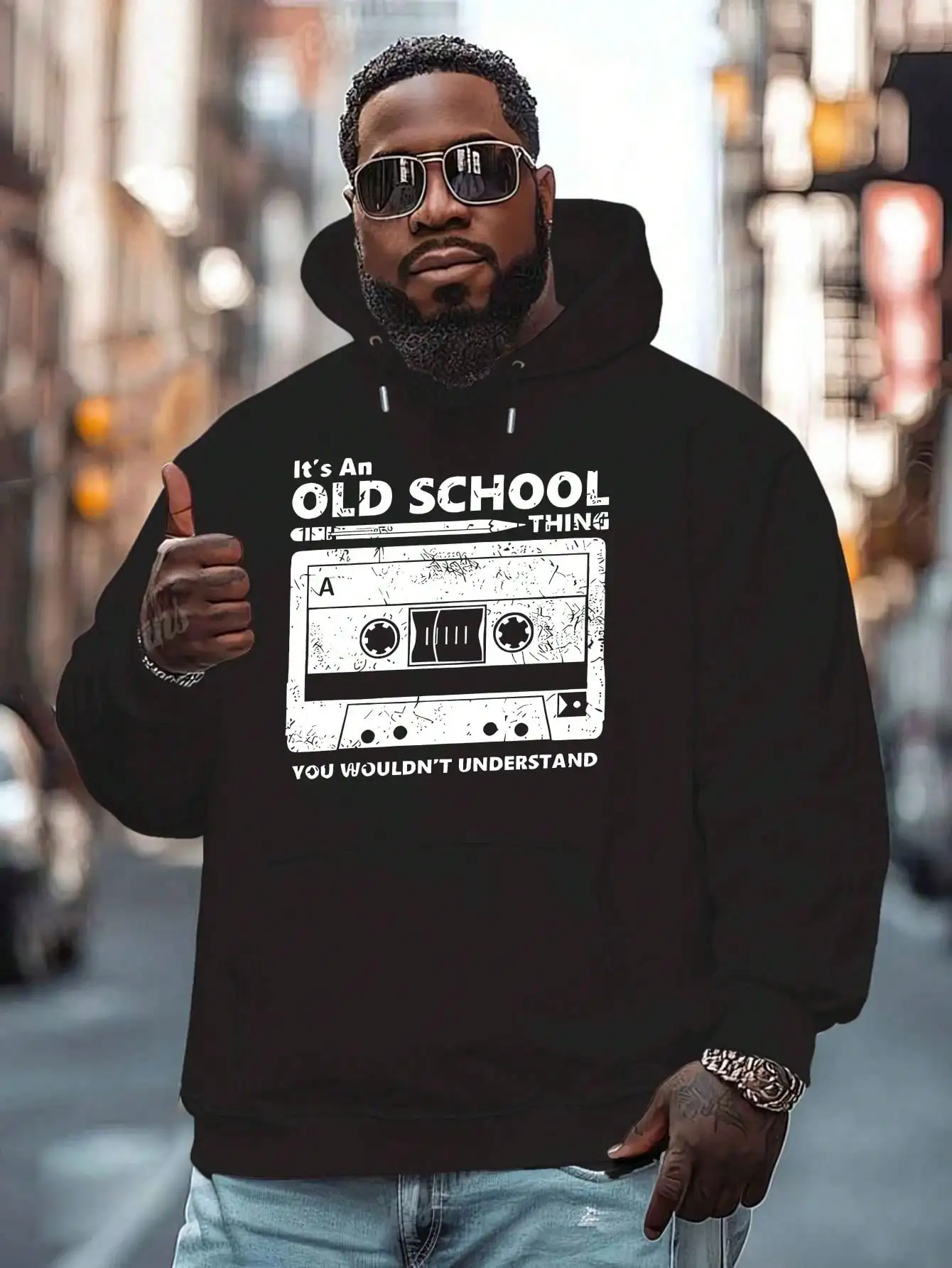 Men'S Casual Polyester Hoodie With It'S An Old School Thing Print, Regular Fit, Slight Stretch, Knit Fabric, Plus Dalian Hat - Fashion Sweatshirt Spring/Autumn/Winter, Plus Size