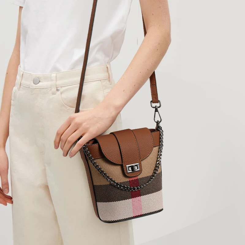 Genuine Leather Checkered Women's New Style Phone Bag, Bucket Bag & Chain Bag - Large Capacity Crossbody Mom Bag