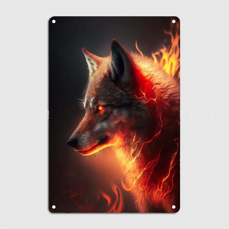 Metal Signs Vintage Metal Wall Art Mural Fiery Wolf Evil and Horror Wall Decoration Decor for Room Poster Garage Retro Bar Gamer