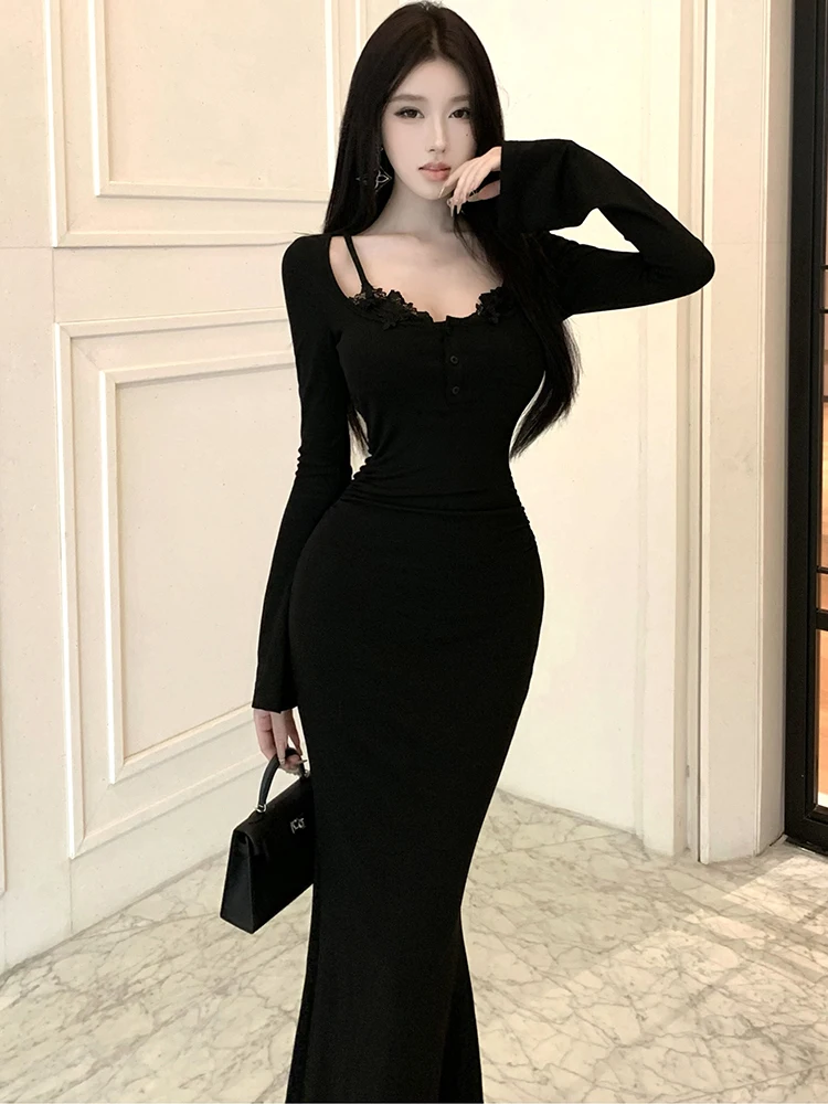 فساتين مثيرة للنساء ذات ياقة مربعة من الدانتيل باللون الأسود لعام 2025 قماش هيبورن للحفلات الراقصة للخريف والشتاء فساتين حفلات كورية فاخرة