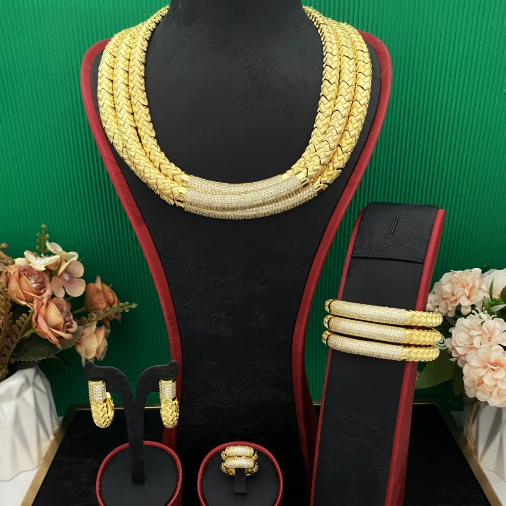 

JRH Dubai Style Women's Gold Plated Jewelry Set with Artificial Zircon Bracelet Ring Necklace Earrings Luxury Wedding Accessorie