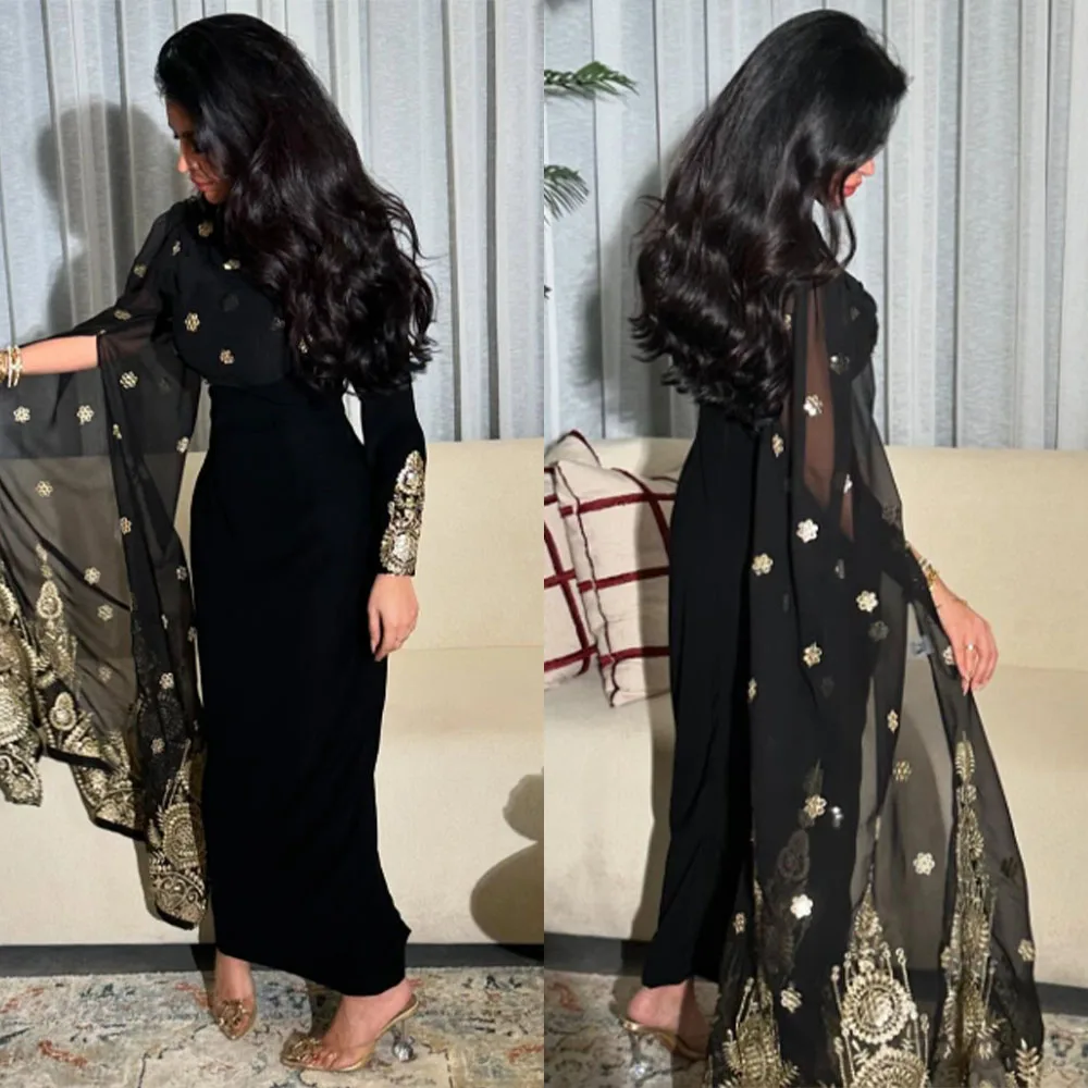 

High Quality Customized O-neck Ankle Length Black Tulle Full Sleeves Appliques Straight Elegant Dress Women for Wedding Party