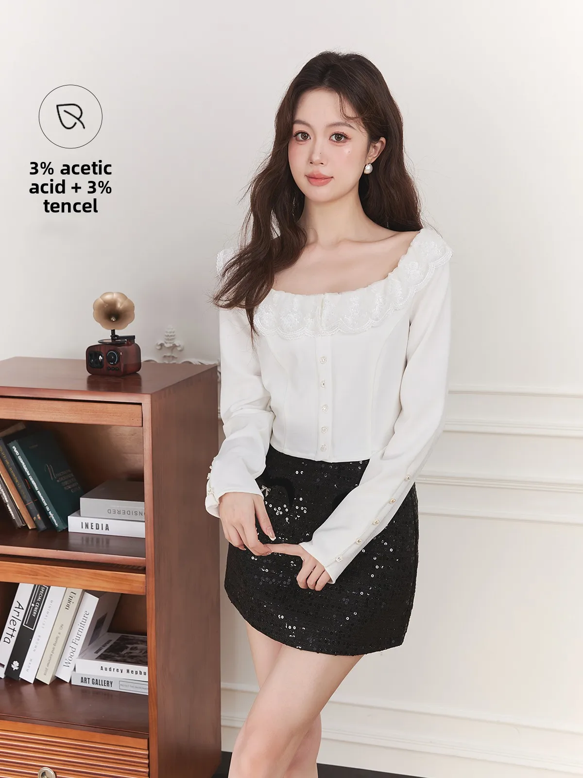

Fanchu Pure Desire Lace Collar ort Sve Long Sve Women's irt Autumn New Sle Sweet Sle Slim Fit Button Detail