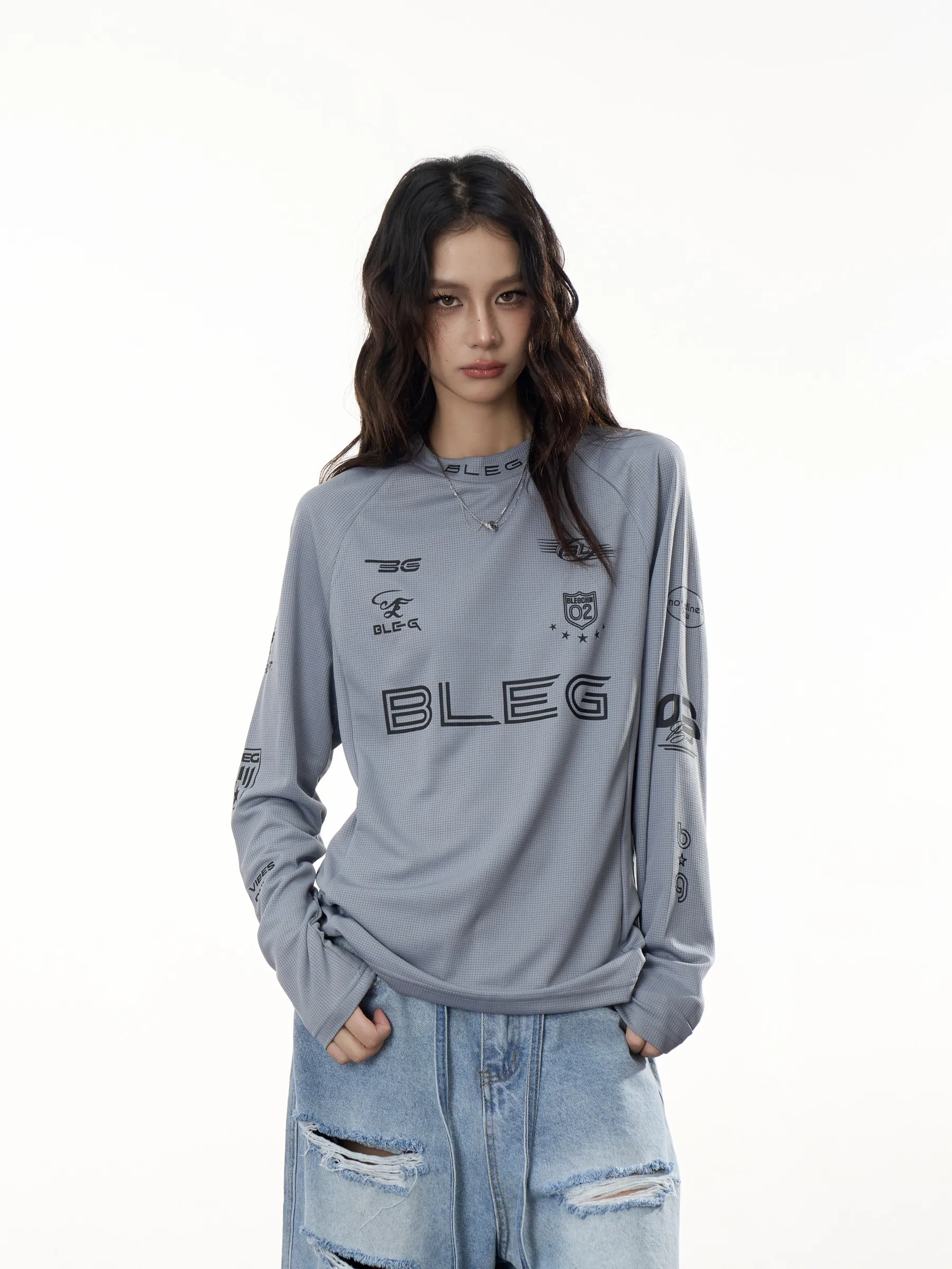 American Retro Casual Long Sleeve T-Shirt Women Loose Overhead White Motorcycle Style Top Fashionable Cotton Polyester Blend
