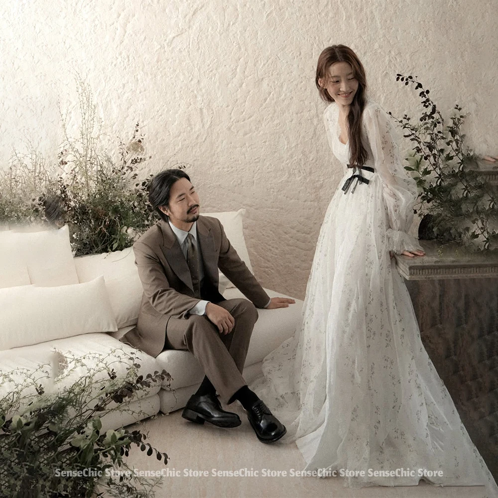 2025 Wedding Dresses Korea Simple Long Sleeve Tulle Photo Shoot Formal Bridal Gowns Tiered Puffy Reception Dress Customized