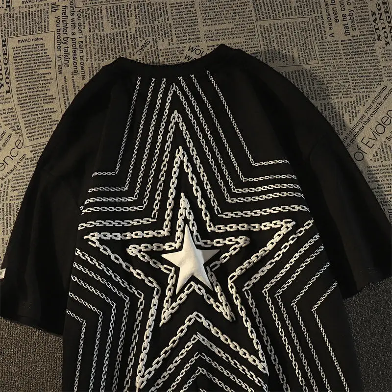 

Juspinice Street Hip-hop Style Chain Star Print T-shirts for Women's Summer O-neck Short Sleeves Loose Casual Fashionable Tees