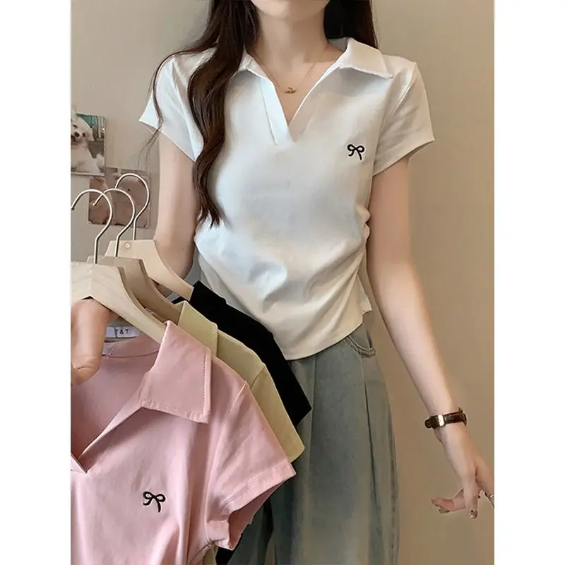 Women's Short Sleeve T-Shirt  Collar  Print Gathered Waist Sweet And Spicy Style New Arrival Top for Summer