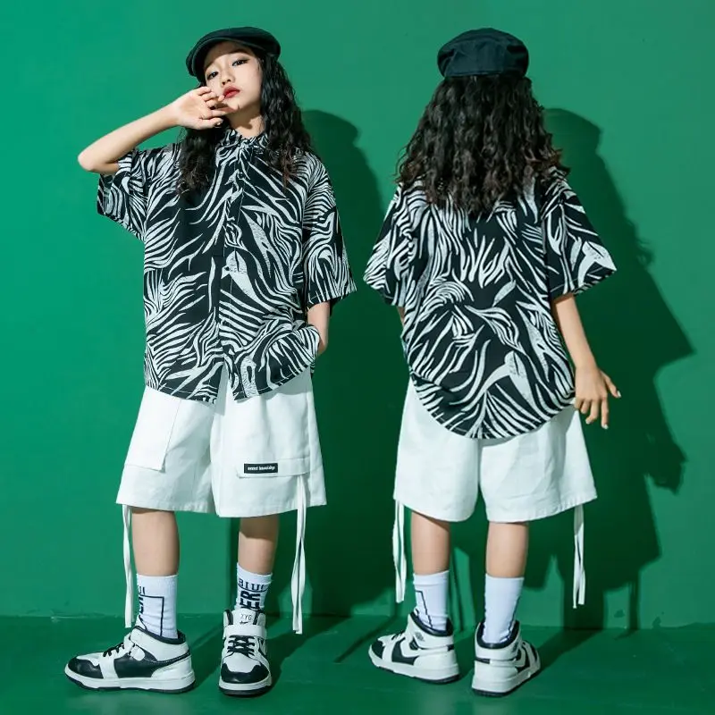 Hip hop street  Crop Top Plaid Pants Boy Loose T-shirt Street Dance Child Streetwear Teen Sweet Clothes Sets Kids Jazz Costumes