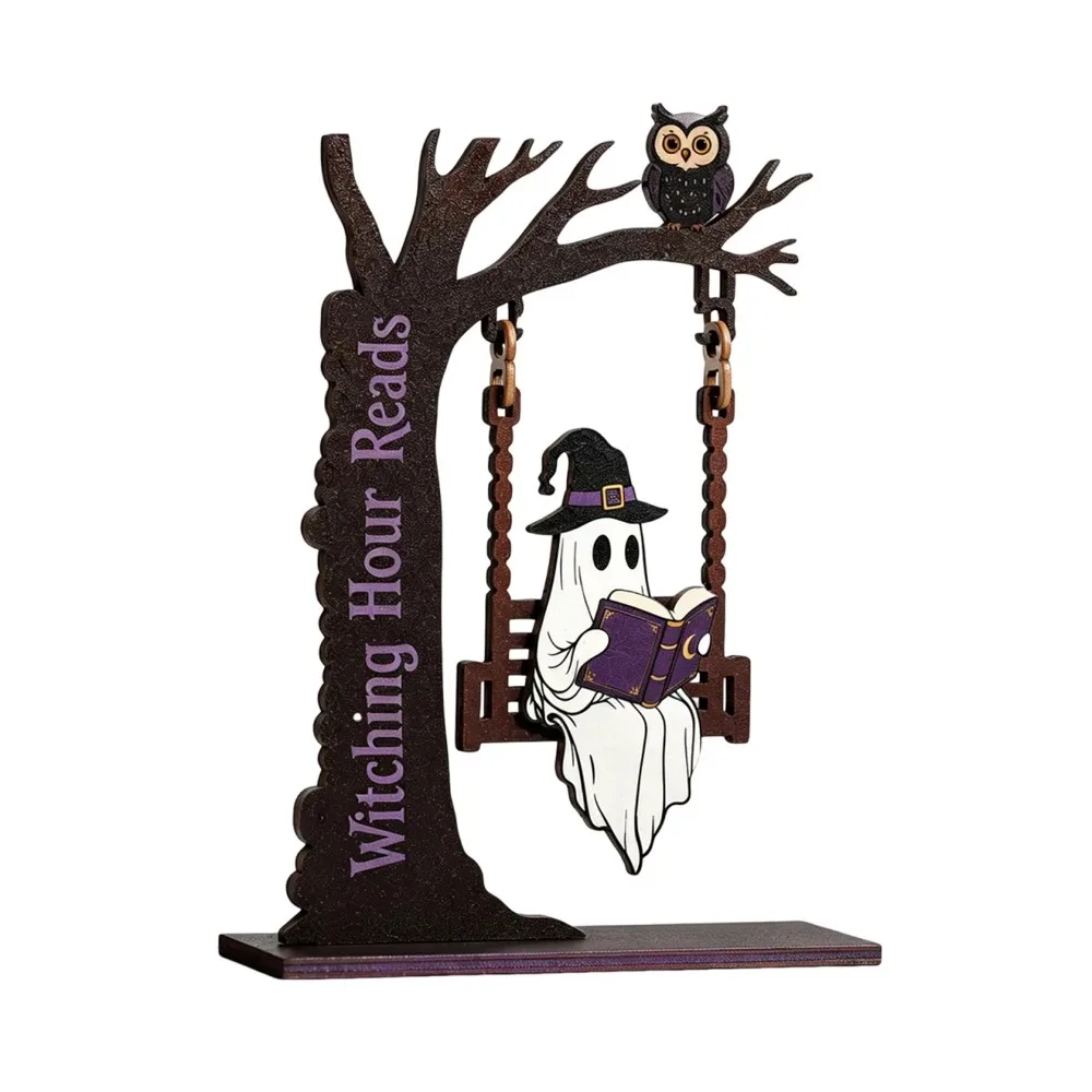 Hand Carved Reading Ghost Swing Ornament Dark Style Spooky Dead Tree Ghost Bookshelf Sign Vintage Fall Themed
