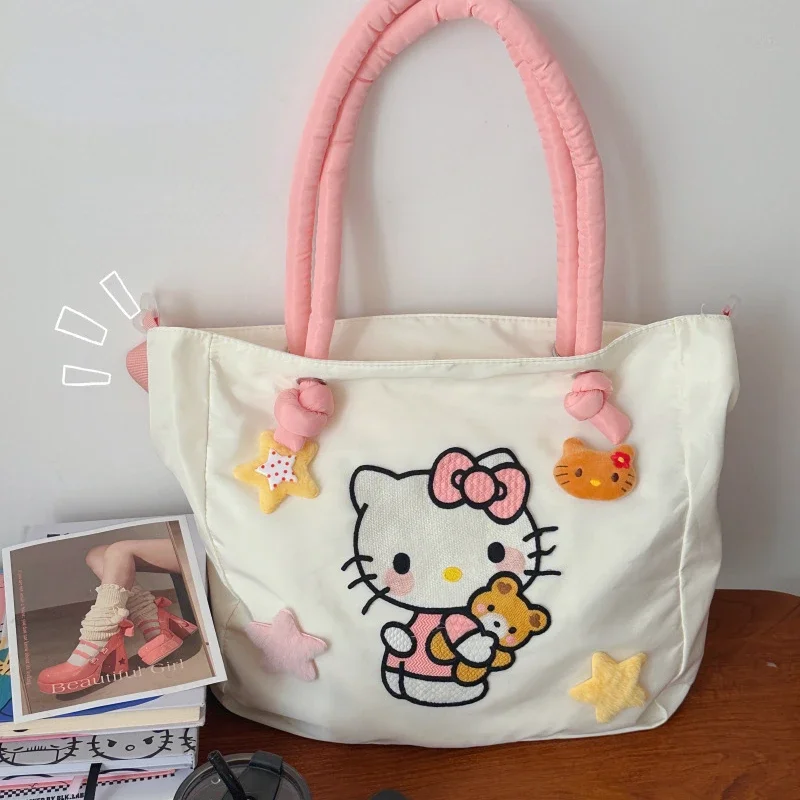 MBTI Hello Kitty-Bolso de mano de nailon bordado para mujer, de gran capacidad bolso de hombro con dibujos animados, informal, para viaje